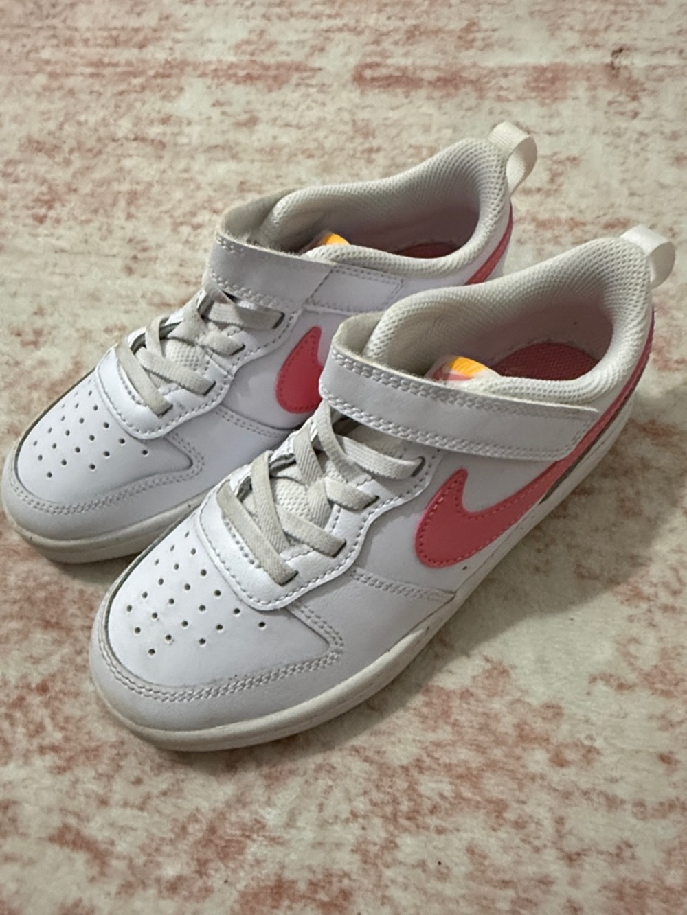 Nike Kids White Sneakers with Pink Swoosh and Velcro Strap